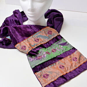 Purple Velvet Iridescent Embroidered Flowers Fairy Scarf Boho Y2K Silk Blend SEE
